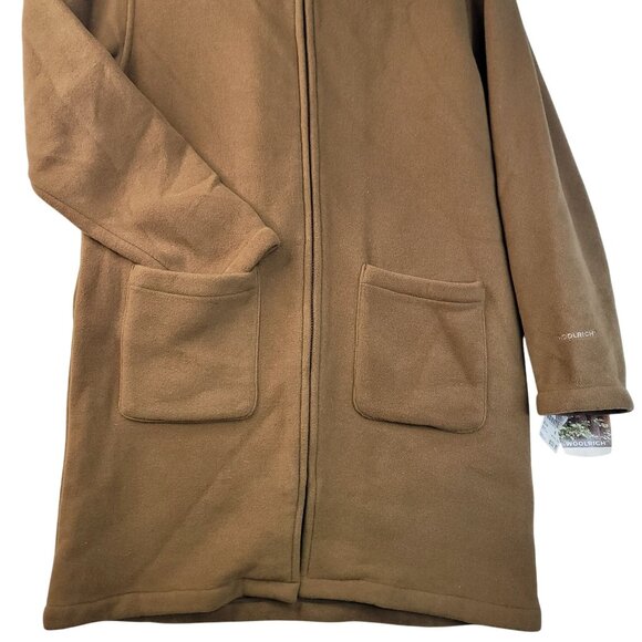 Vintage 90s Woolrich Womens Medium Hooded Fleece Coat Plaid Lined Brown Long New - Picture 2 of 11
